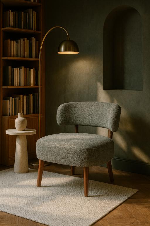 stoffen fauteuil houten poot donkergrijze grijze stof